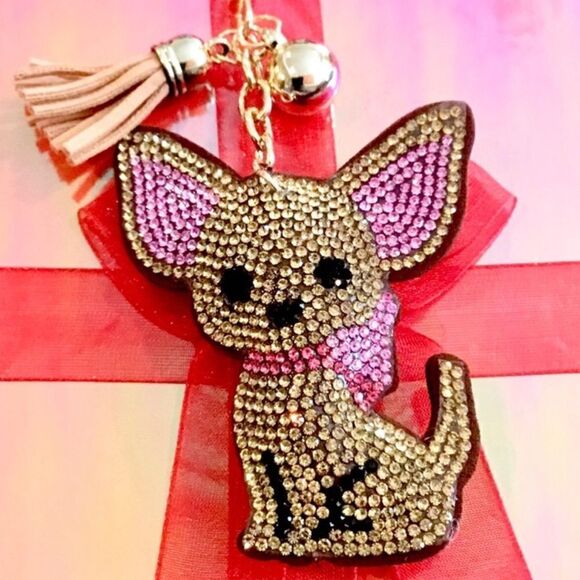 CHIHUAHUA ADORABLE KEYCHAIN CHARM RHINESTONES GOLD TONE HARDWARE - Picture 2 of 6